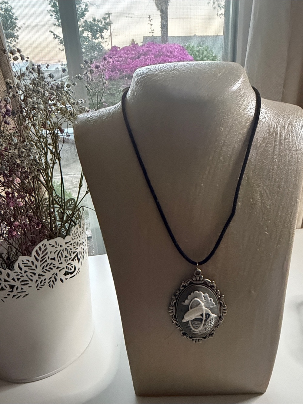 Silver-Tone Winged Heart Pendant Necklace with Black Cord dolphin